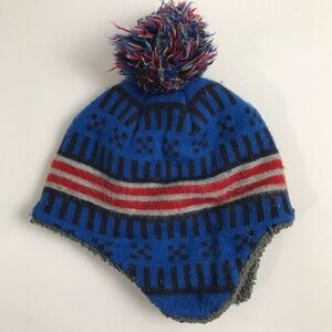 LL Bean Pom Pom Winter Hat with ear flaps blue black pattern with red stripe